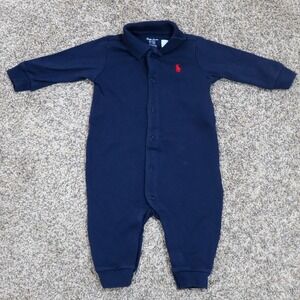 Ralph Lauren Baby Boys Navy Blue Long Sleeve Footless Bunting Romper 6M Red Pony